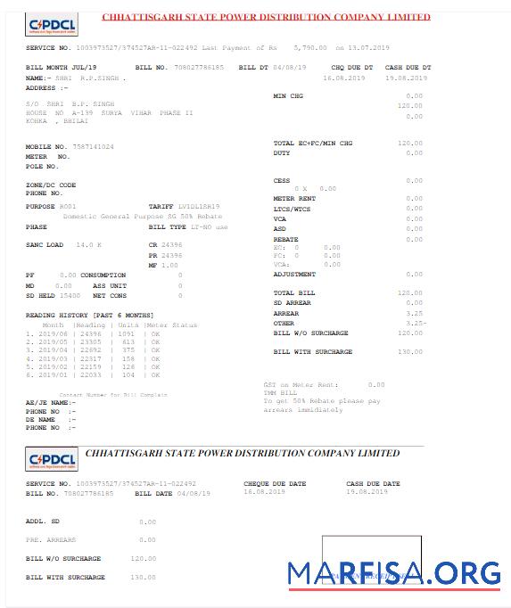 Realistic INDIA C PDCL utility bill Word and PDF template
